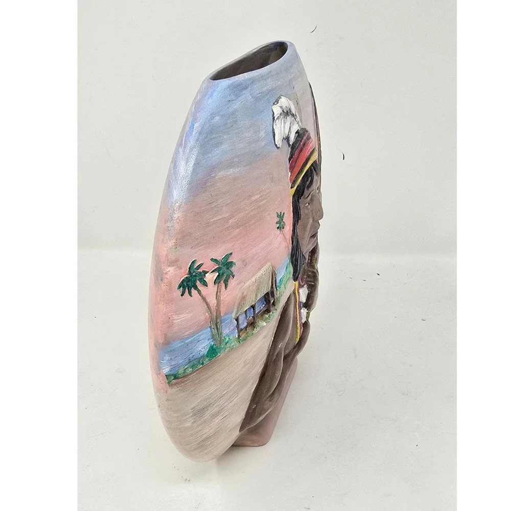 Hand painted ceramic portrait vase tropical sunset Indigenous art pottery pink